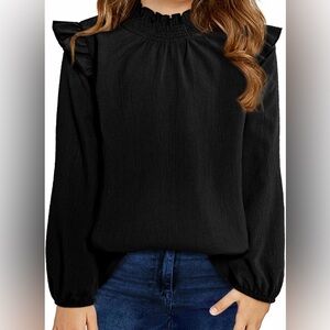 Black Smocked Ruffle Blouse Lightweight Long Sleeve Top High Neck Flowy